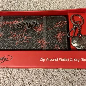 Ed Hardy Black and Red Wallet with Key Ring